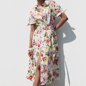 ZARA Women's Midi Dress Size XL Cotton Poplin Print Tie Sleeves Belted Floral